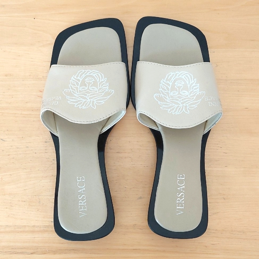 Versace Beige Leather Slide Sandals